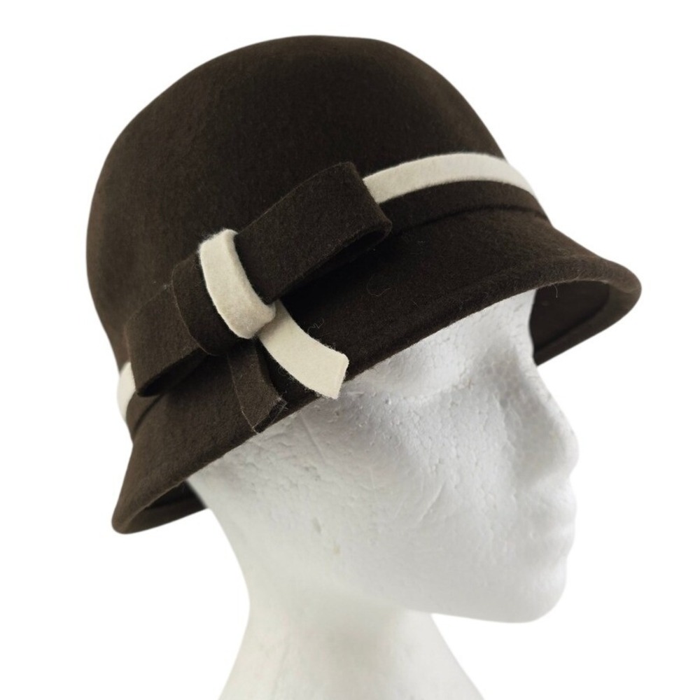 Sakkas Women's Brown 100% Wool Cloche Bucket Hat Cream Bow One Size